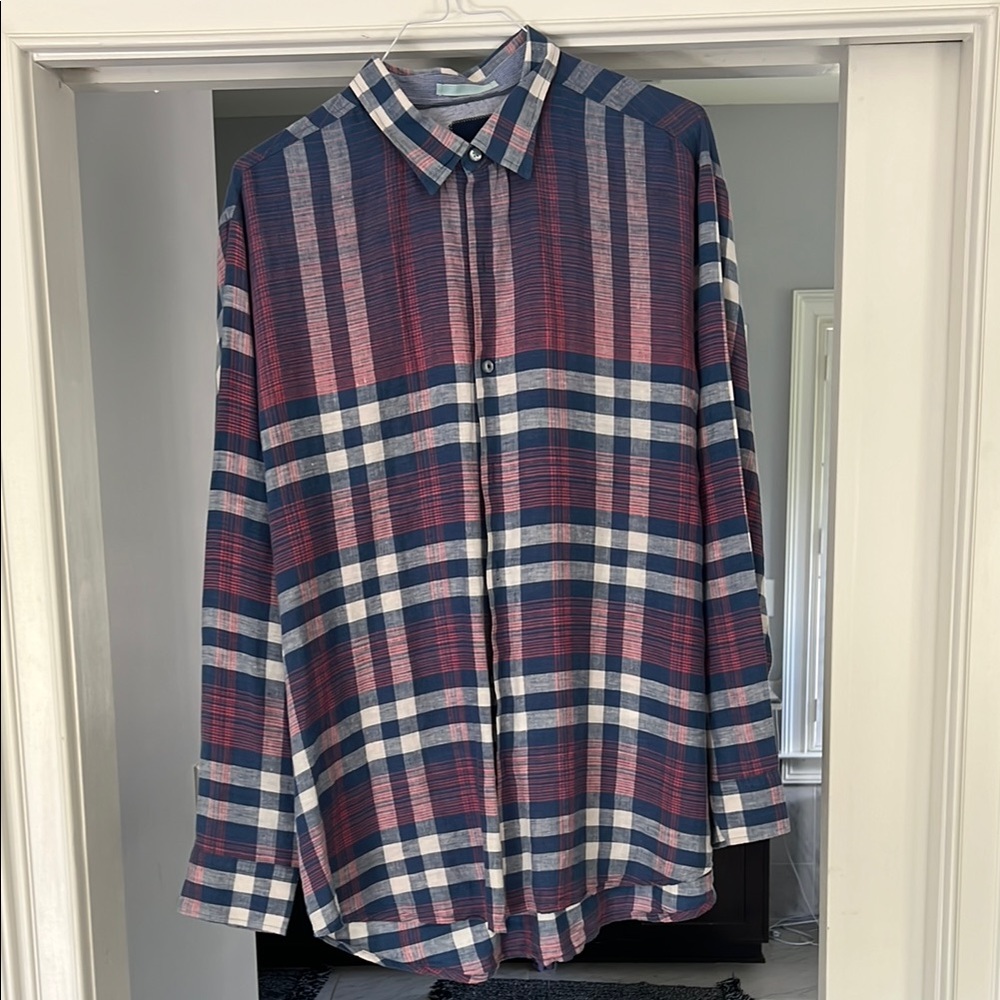 Tommy Bahama Linen Red Blue Plaid Shirt